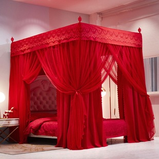 婚庆蚊帐家用结婚大红床帘双人1.8米落地式带加厚支架，三开门1.5m