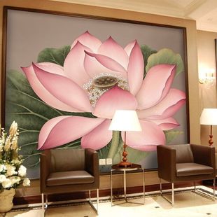 中式花鸟荷花壁纸大型壁画背景电视影视墙纸客厅沙发美容院墙纸