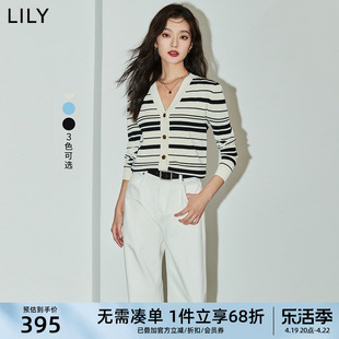 lily2024夏女装(夏女装，)复古条纹气质通勤时尚，老钱风百搭针织开衫外套