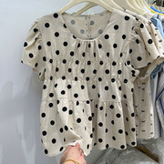 韩系波点衬衫女2024夏季法式独特别致设计感小飞袖娃娃衫上衣