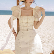 夏季欧根纱泡泡袖一字，宽领口淑女，海边度假a字蓬蓬超短连衣裙