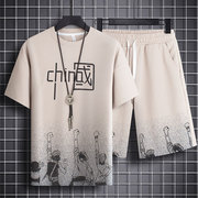 华夫格国潮套装男生短袖t恤休闲运动短裤中国风搭配夏季大码衣服