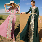 樱粉刺绣蕾丝长裙墨绿色重工艺民族风连衣裙女优雅中东度假裙长袖