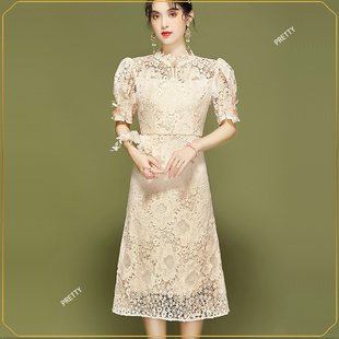中式国风改良旗袍2024春季蕾丝刺绣气质新娘礼服高级感连衣裙