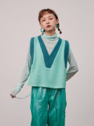 saleyunkixu秋季原创水，蓝绿撞色针织罗纹，拼接背心毛衣马甲