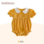 巴梵欧婴儿外出服夏季包屁衣满月百天宝宝衣服黄色可爱爬服薄款