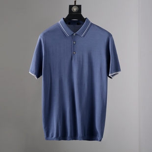 品牌撤柜男装中蓝色翻领polo衫，夏季商务休闲舒适透气冰凉针织t恤