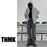 tnmk美式重磅500g灰色开衫卫衣，男女纯色基础，连帽短款拉链帽衫外套