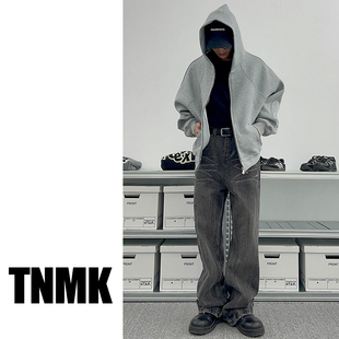 tnmk美式重磅500g灰色开衫，卫衣男女纯色，基础连帽短款拉链帽衫外套