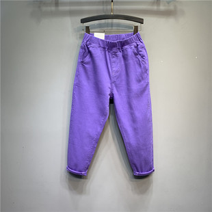 夏季紫色松紧腰弹力大码，休闲哈伦裤，宽松小脚八九分薄款萝卜老爹裤