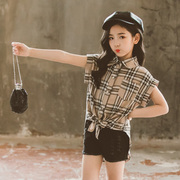 女童短袖衬衣2021夏季韩版格子衬衫中大童网红百搭洋气上衣