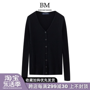 bmfashion美式简约v领单排扣长袖针织衫，bm坑条薄款毛衣修身外套
