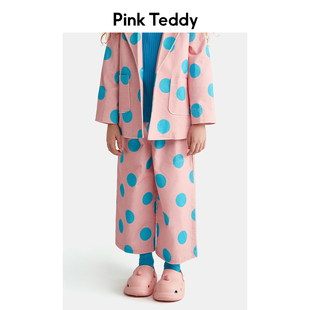 pinkteddy童装女童粉色波点西装，长裤2023春秋季儿灯芯绒裤子