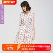 曼哈芙品牌女装连衣裙七分袖雪纺法式印花V领中长款2023夏季韩版