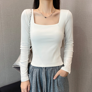 白色复古方领长袖t恤女春秋低领齐腰显瘦打底衫内搭紧身u领上衣潮