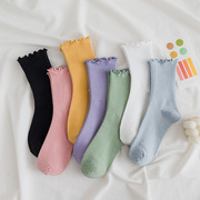 坚果妈咪 木耳边糖果色袜子女ins潮纯色堆堆袜韩国日系彩色中筒袜