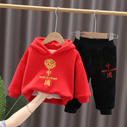 幼儿园表演童装男童冬装套装女童，加绒宝宝中国红色儿童卫衣两件套