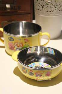 韩国pororo小企鹅儿童餐具 不锈钢内胆  双耳饭碗 双把手汤碗水杯