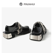 pinjiahui小众感粗跟复古德比鞋暗黑单鞋英伦风真皮厚底小皮鞋女