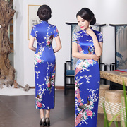 老上海丝绸旗袍长款复古气质2024年夏高开叉走秀演出日常可穿