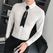 发型师衬衫男士短袖韩版潮流修身五分袖7分衬衣帅气领带中袖寸衫