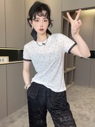 RR fashion 短袖T恤女2024夏季波点拼接蕾丝蝴蝶结圆领上衣