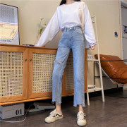 胖妹妹200斤宽松直筒阔腿牛仔裤女春秋韩版大码九分破洞裤潮