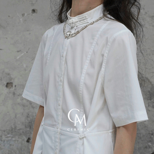 cerfmia小鹿弥雅《观自在》系列简约新中式盘扣，短袖白色连衣裙