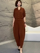 时尚气质休闲套装女夏季大码妈妈，装宽松显瘦蝙蝠袖衬衫裤子两件套