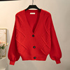 红色加厚开衫秋冬季宽松显瘦短款外套本命年时尚，插肩袖毛衣上衣女