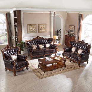 美式实木雕花沙发客厅家具欧式别墅，真皮沙发组合新古典(新古典)奢华皮沙发