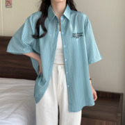 2024年条纹短袖衬衫男女国系复古刺绣宽松休闲衬衣夏季甜美风