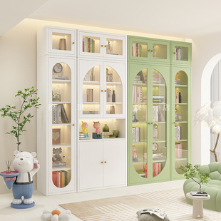法式奶油风铁艺书柜书架，家用置物架客厅，防尘玻璃门储物柜展示柜