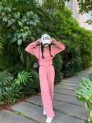 小个子粉色运动套装女150连帽卫衣外套高腰抽绳长裤休闲两件套xs