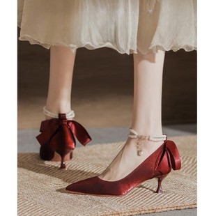 一字扣单鞋女红色高跟鞋婚鞋新娘，鞋2024中式订婚礼服细跟玛丽珍鞋