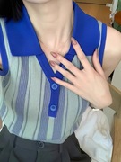 法式甜辣POLO领针织背心外穿竖条纹坎肩吊带夏季款翻领无袖上衣女