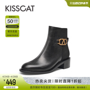 接吻猫靴子冬季金属k扣短靴加绒保暖真皮中粗跟时装骑士靴女