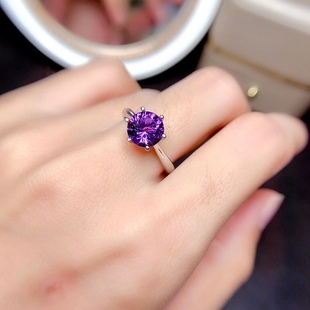 天然紫水晶戒指开口女S925银时尚简单经典六爪活口指环紫色宝石