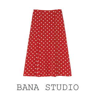 BANA出口法国女装欧货复古高腰圆点开叉红色A字裙半身裙长裙