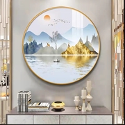 新中式圆形玄关装饰画山水画客厅背景，墙面壁画入户正对门风景挂画