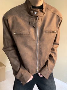 美式复古休闲做旧棕色，机车皮衣外套男小众设计感短款垫肩立领夹克