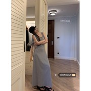 kumikumi灰色背心裙女装夏季辣妹黑色连衣裙收腰显瘦裙子吊带长裙