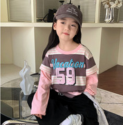 女童粉红色条纹卫衣亲子装春秋季Y6韩版宝宝母女装假两件T恤长袖