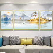 新中式高亮水晶效果客厅装饰画，现代简约沙发，背景墙防水三联挂画