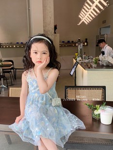 女童珍珠蓝色吊带裙2023夏季高级感网纱裙背心连衣裙宝宝裙子