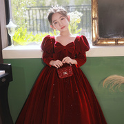 女童长袖礼服红色儿童，新年公主裙主持人，小花童婚礼钢琴演出服秋季