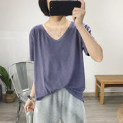 短袖t恤女紫色宽松v领2024年夏季韩版亚麻，白色休闲上衣ins潮