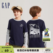 Gap男童秋季纯棉假两件长袖T恤儿童装微弹运动休闲上衣736017