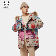 hipanda你好熊猫中性款地图，满印迷彩中长款冬装，棉服外套设计潮牌