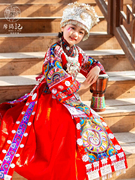 儿童苗族服饰女红色刺绣上衣，飘带长裙民族风旅拍摄影舞台服装
